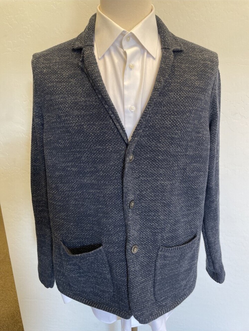 Joseph Abboud Jacket Blue WOOL Knit Button Sweater Modern L